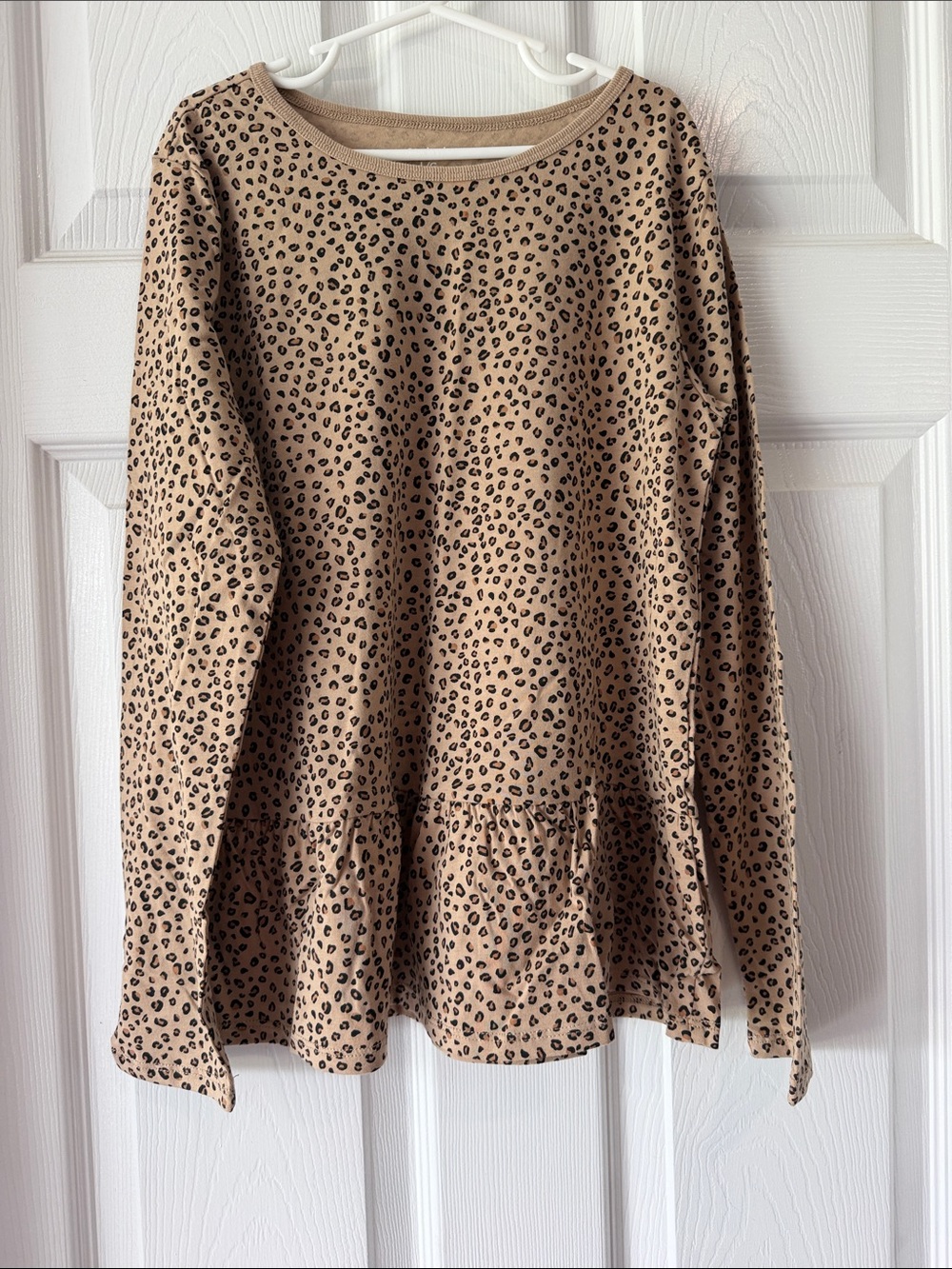 Girls Leopard Print Long-Sleeve Peplum Top - Tan